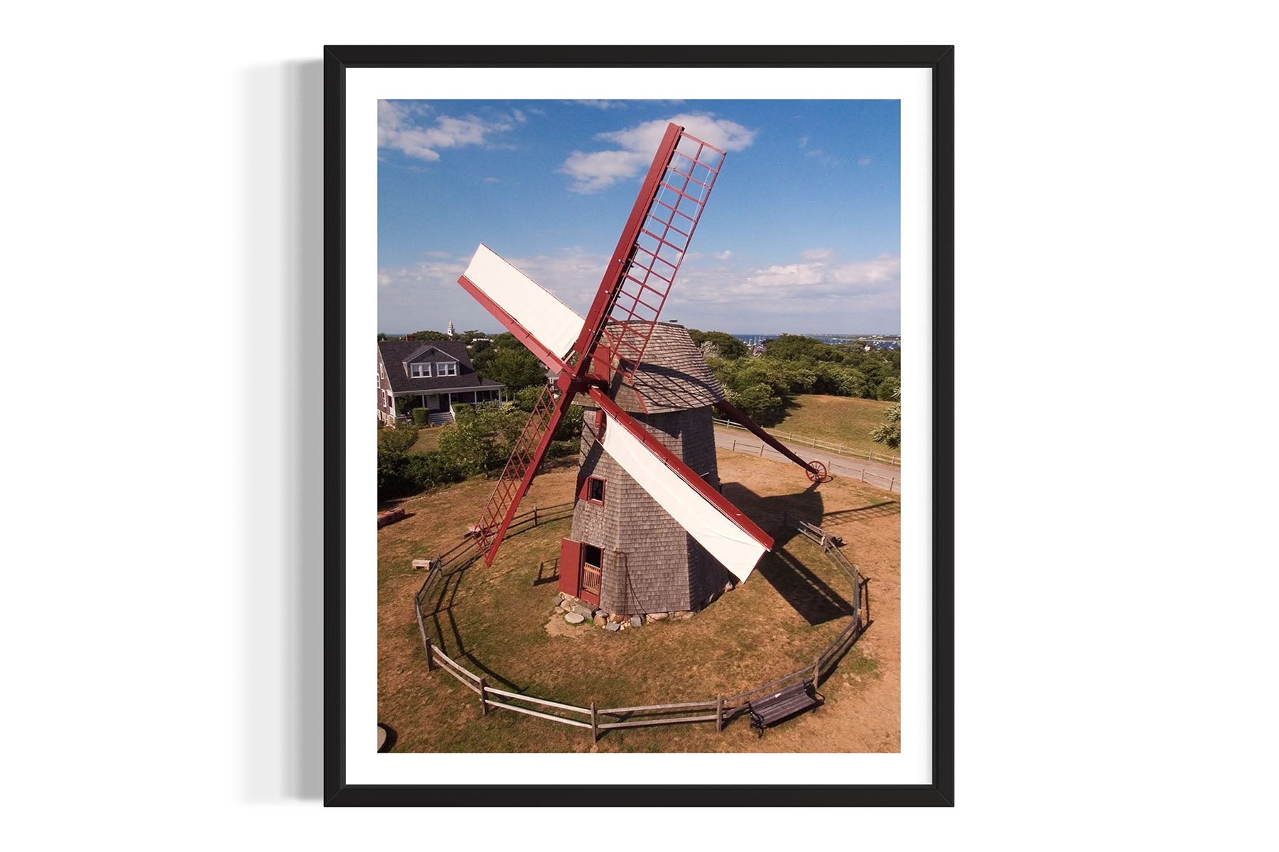 Framed aerial photograph of a windmill on Nantucket island by Evan Reinheimer.
