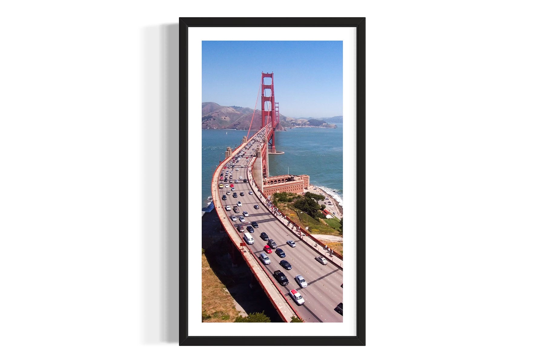 Framed aerial photograph of the Golden Gate Bridge by Evan Reinheimer.