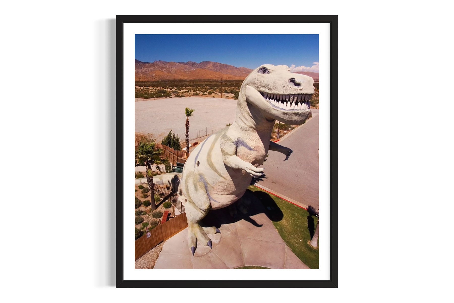 Framed aerial photograph of a T-Rex statue in Cabazon, CA desert landscape by Evan Reinheimer.