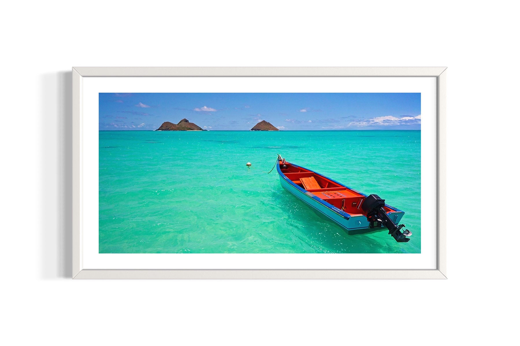 Red Boat and Islands at Lanikai Beach - Oahu, HI