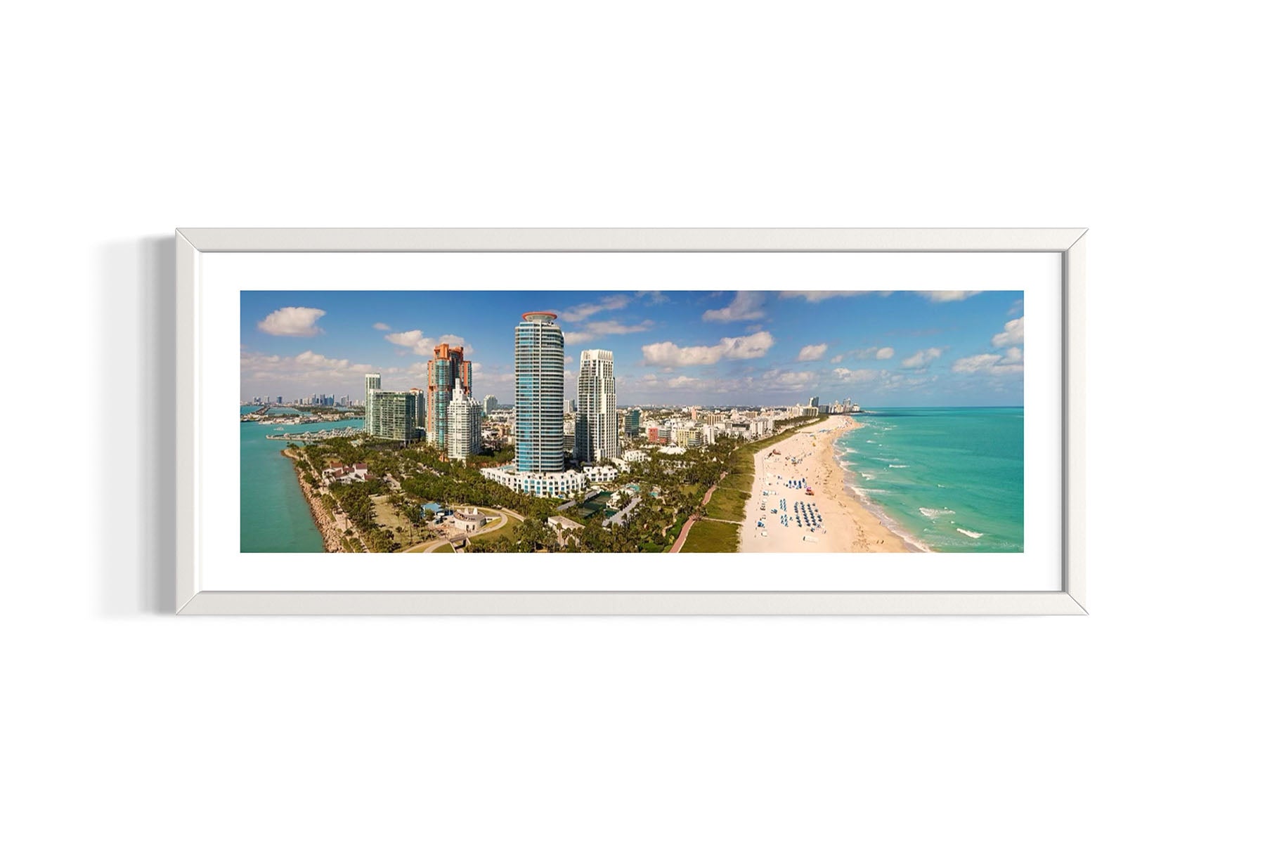 Framed aerial panoramic photo of Miami Beach, Florida with skyscrapers and beach by Evan Reinheimer.