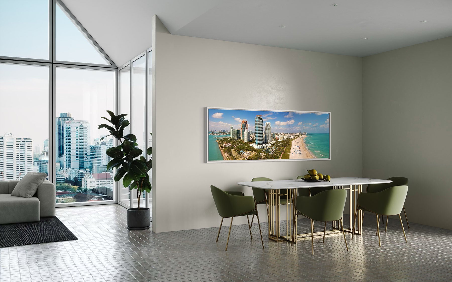 Modern living room with a large cityscape photo on the wall by Evan Reinheimer.
