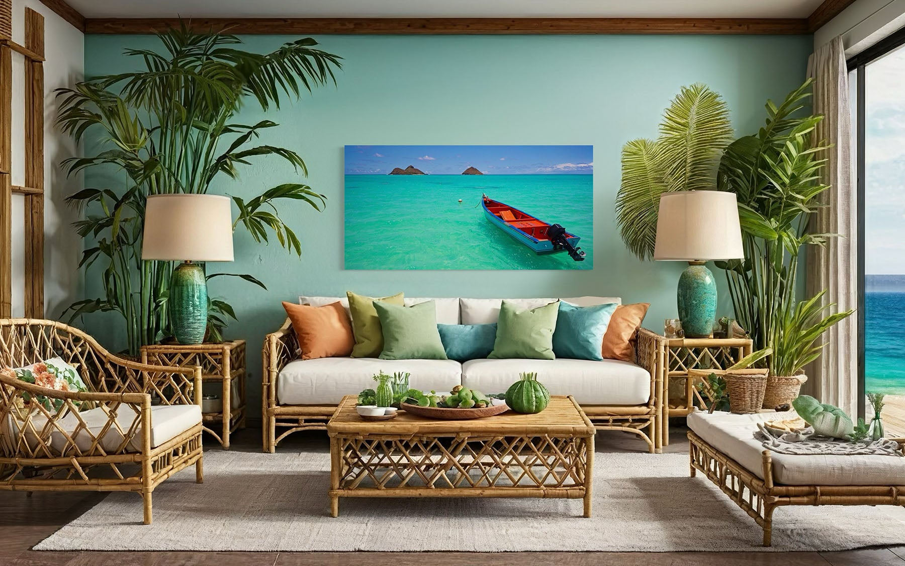 Red Boat and Islands at Lanikai Beach - Oahu, HI