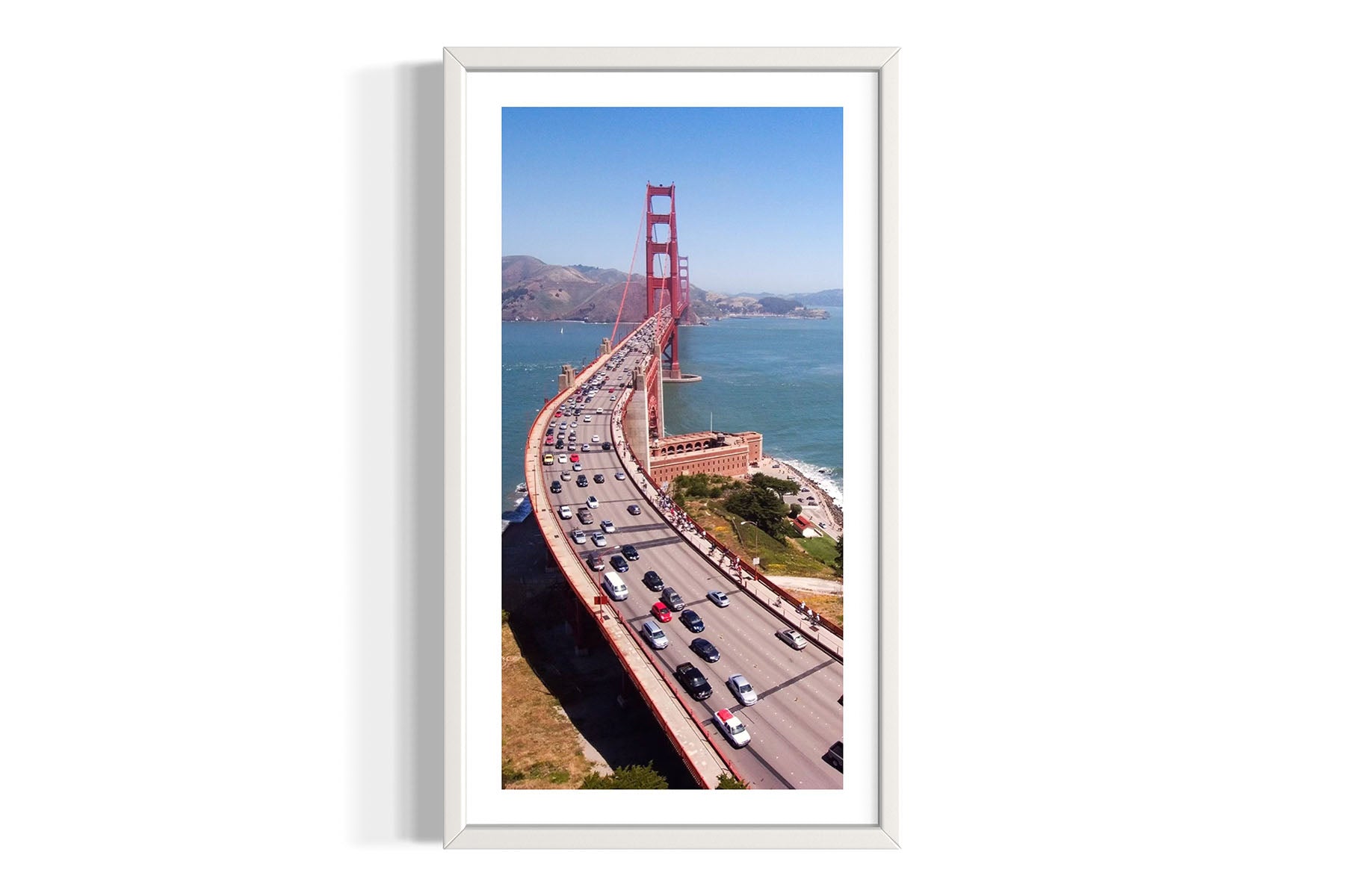 Framed aerial photograph of the Golden Gate Bridge by Evan Reinheimer.