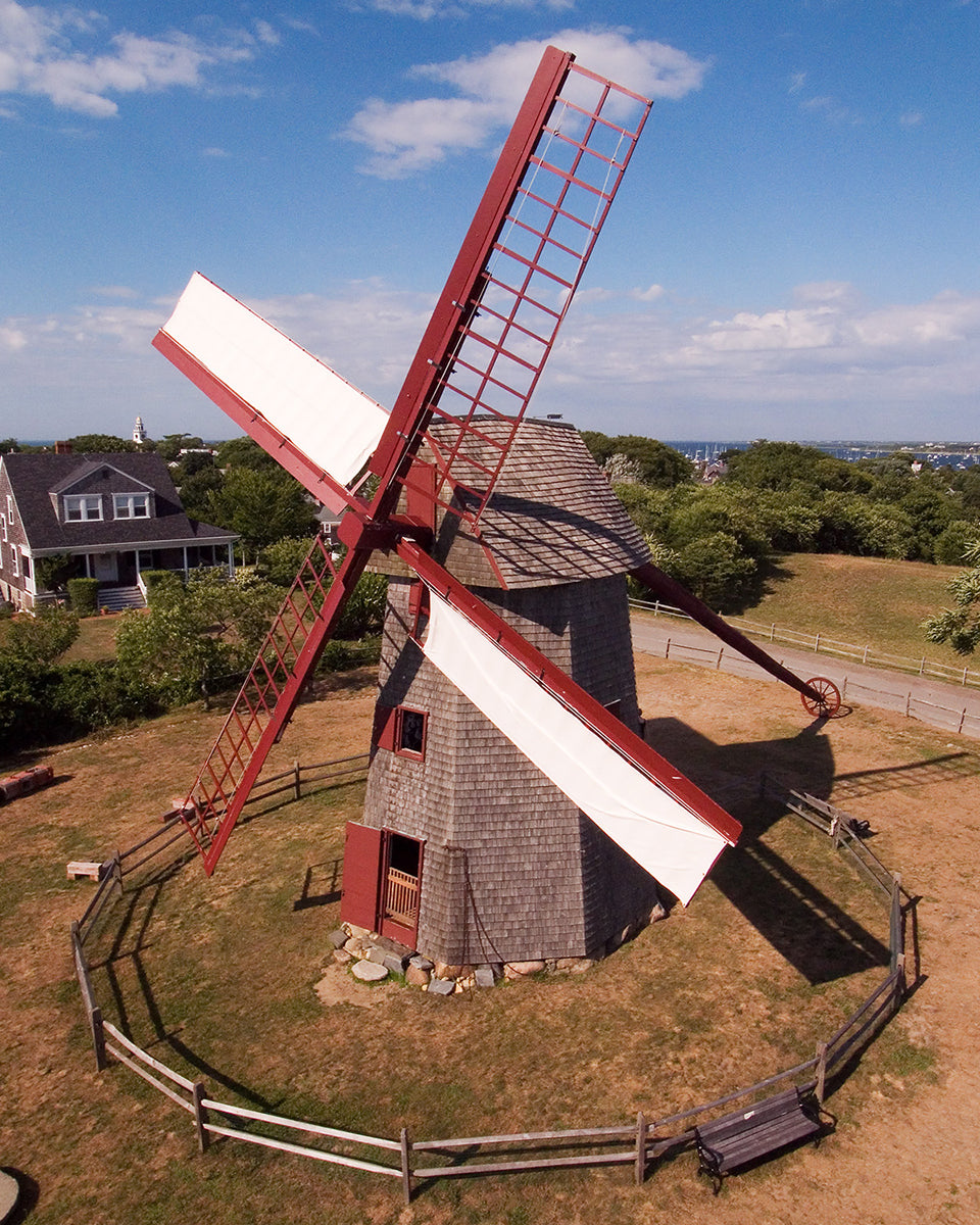 Aerial photograph of a windmill on Nantucket island by Evan Reinheimer.