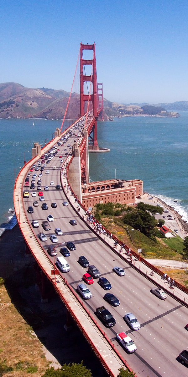Aerial photograph of the Golden Gate Bridge by Evan Reinheimer.