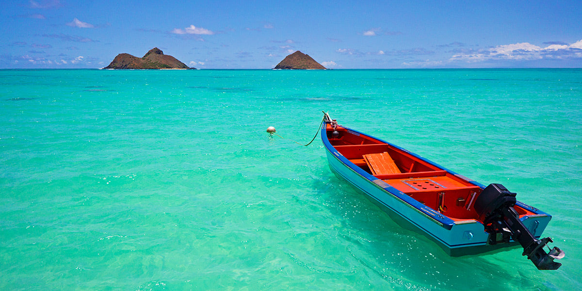 Red Boat and Islands at Lanikai Beach - Oahu, HI