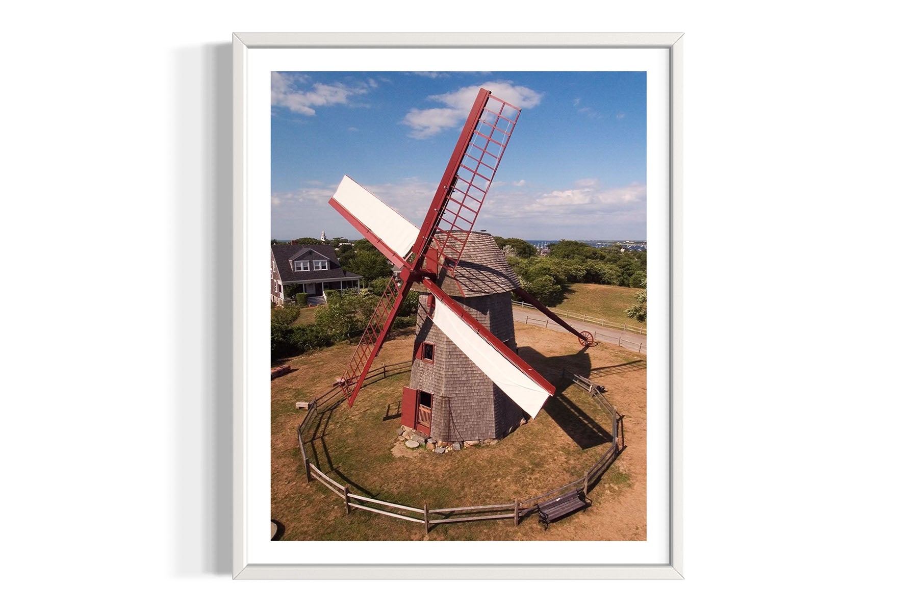 Framed aerial photograph of a windmill on Nantucket island by Evan Reinheimer.